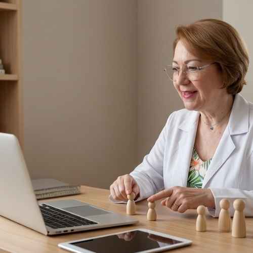 A terapeuta Ana Aguiar, de pele clara, tem cabelos curtos castanho-claros, bem arrumados. Usa óculos de armação fina, batom rosado e sorri de forma acolhedora. Veste um jaleco branco, com uma blusa leve e delicada por baixo, com estampa suave em tons claros. No pescoço, usa uma corrente com pingente. Suas mãos estão posicionadas à sua frente, com o dedo indicador sobre bonecos de madeira. Há um notebook aberto, de costas para a câmera. Sobre a mesa, há mais bonecos de madeira, um tablet e uma agenda fechada.