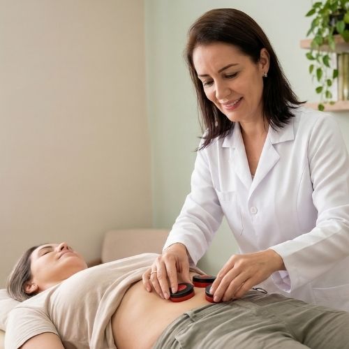 A terapeuta Denise de Medeiros, de pele clara e cabelos castanho-escuros na altura dos ombros, veste jaleco branco, usa batom rosa e sorri. Ela segura em sua mão direita um ímã vermelho e preto e, com a mão esquerda, posiciona outro ímã vermelho e preto sobre o abdômen de uma mulher de pele clara, com cabelos castanhos claros com luzes, vestindo blusa bege e calça cáqui. A paciente está deitada, com os olhos fechados, e já possui um ímã posicionado em seu abdômen.