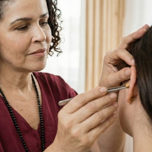 A terapeuta Márcia Hope, de pele clara e olhos castanho-escuros, usa batom rosa e tem cabelos curtos, castanho-escuros e ondulados. Veste uma blusa na cor vinho e um colar de contas pretas. Sentada à esquerda da imagem, mantém o olhar concentrado na orelha de outra pessoa, parcialmente visível à direita, com cabelos castanho-escuros. Com a mão direita, segura um pequeno instrumento metálico, semelhante a uma pinça, que posiciona delicadamente próximo ao canal auditivo, realizando um procedimento de auriculoterapia.