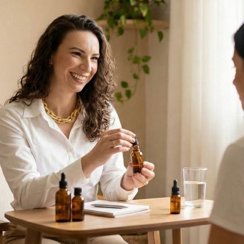 A terapeuta Thaís Meinen, de pele clara, cabelos castanho-escuros, cacheados e longos, veste uma camisa branca e usa batom rosa. Ela usa um colar dourado no pescoço e um anel no dedo anelar da mão direita. Com olhos castanho-escuros, sorri enquanto segura, com a mão esquerda, um frasco e, com a mão direita, um conta-gotas. Sobre a mesa, há frascos de florais e, à sua frente, uma mulher de pele clara, com cabelos castanho-escuros, veste uma camiseta branca.