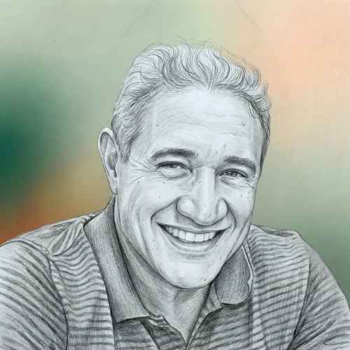 Desenho a lápis de um homem com cabelos curtos, olhando para a frente e sorrindo amplamente. Ele veste uma camisa polo com listras horizontais em tons de cinza. O fundo apresenta um degradê suave, com tonalidade esverdeada à esquerda e laranja claro à direita.