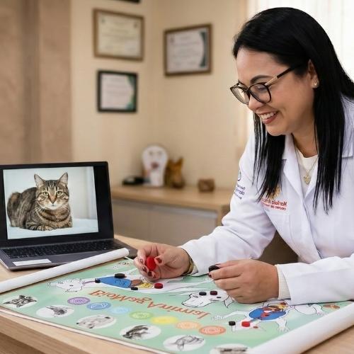 A terapeuta Marileia Arakaki, de pele clara, olhos castanho-escuros e cabelos longos e pretos, usa brincos pequenos, óculos e batom rosa. Ela veste um jaleco branco, com uma camiseta branca por baixo, e uma corrente dourada no pescoço. Sorri. Sobre a mesa há um mapa de biomagnetismo para pets. Em sua mão direita, ela segura um ímã vermelho e, na mão esquerda, um ímã preto. Sobre o mapa, há vários ímãs posicionados. À sua direita há um notebook aberto e, na tela, aparece a imagem de um gato.