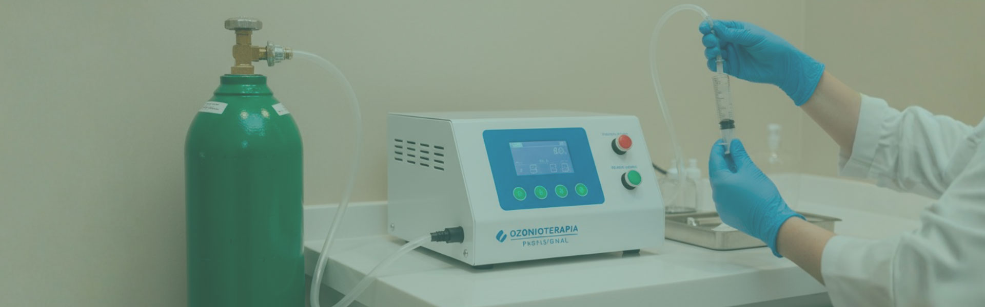 Profissional de jaleco e luvas preparando equipamento de ozonioterapia, utilizando seringa conectada a um gerador de ozônio e cilindro de oxigênio.