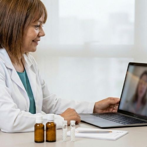A terapeuta Tânia Felix, com cabelos castanho-claros na altura dos ombros, usa jaleco branco sobre uma blusa verde e batom marrom suave e sorri. À sua frente, há um notebook aberto com a imagem levemente embaçada de uma mulher de pele clara e cabelos castanho-escuros. Sobre a mesa, há frascos de homeopatia em glóbulos, além de um bloco de receitas com uma caneta sobre ele.