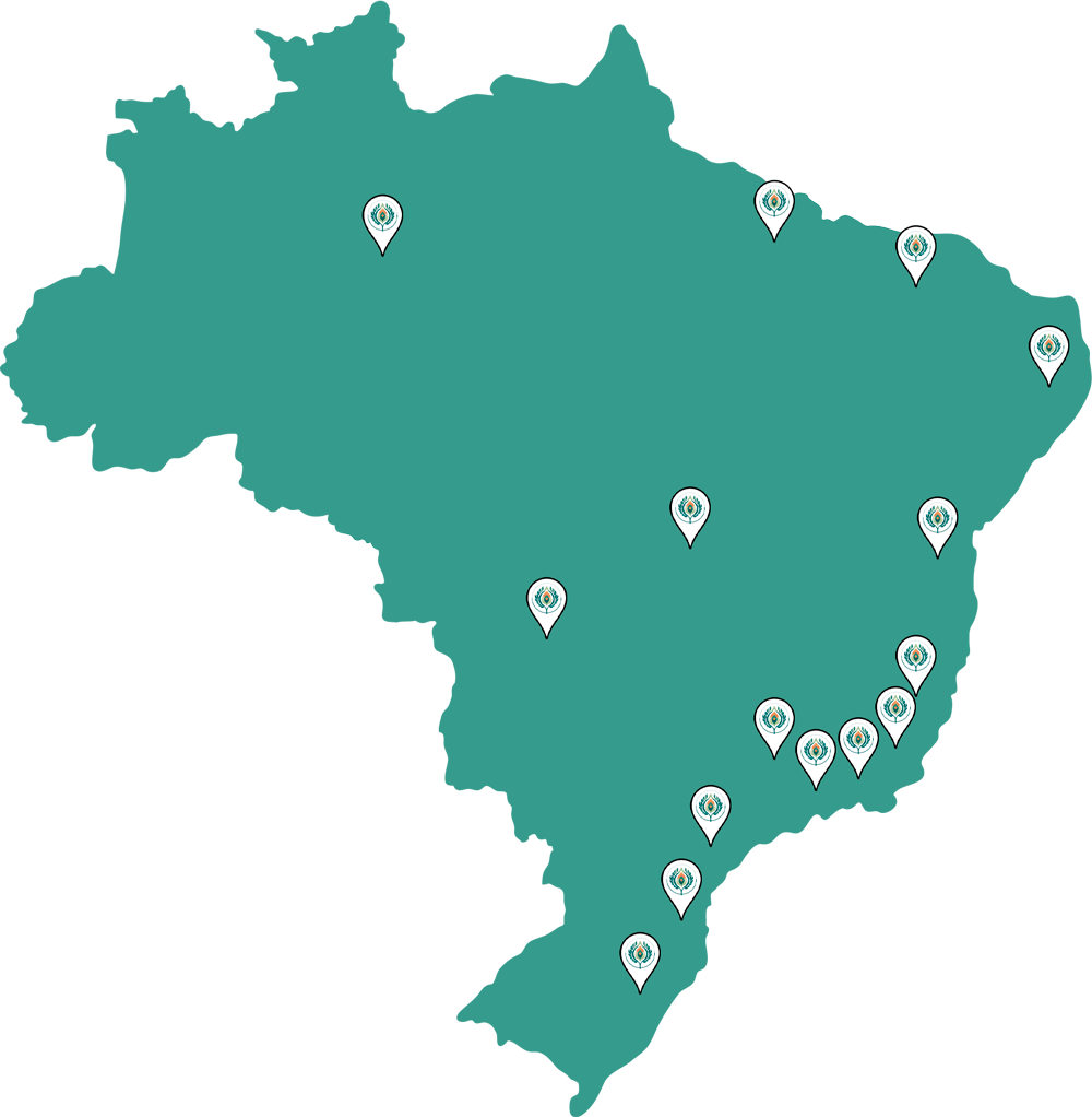 Mapa do Brasil na cor verde-água, com diversos marcadores de localização distribuídos em diferentes regiões do país, principalmente no litoral e no Centro-Oeste.