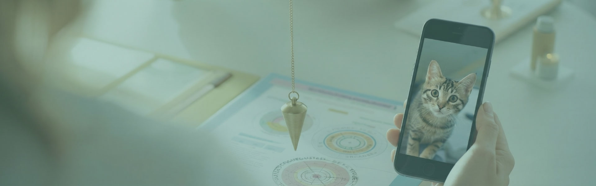 A terapeuta, de costas para a câmera, segura um pêndulo à frente de um celular, que está em sua mão direita. Na tela do celular, aparece um gato.